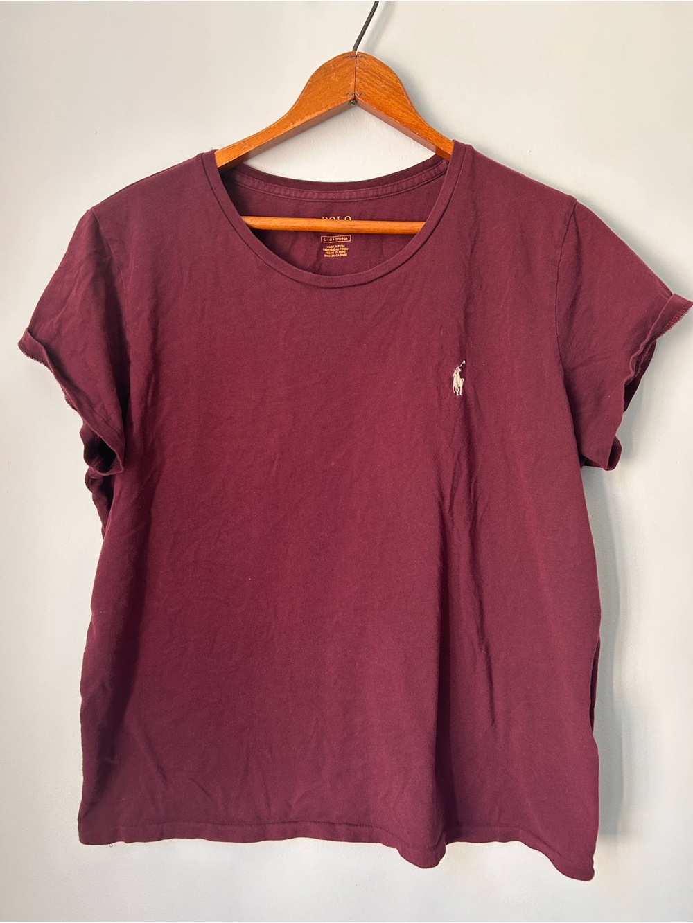 POLO Ralph Lauren Womens Sz LG Maroon Solid White Pony Tshirt Y2K